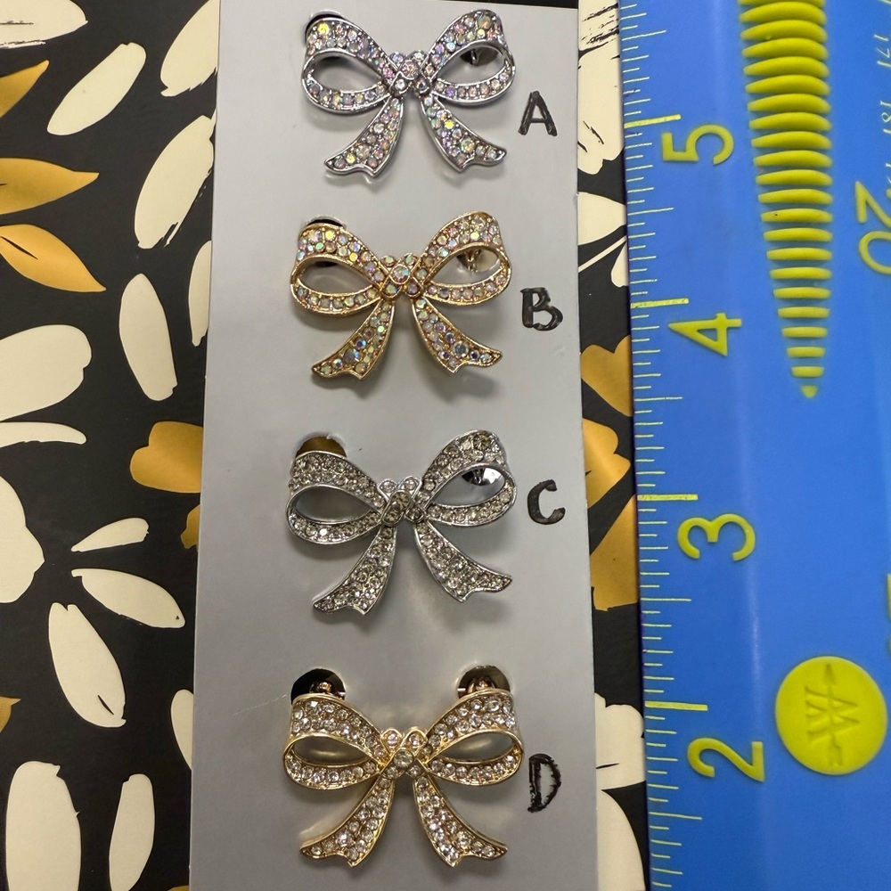 Rhinestone Bow Lapel Pin- your choice!! Silver or Gold